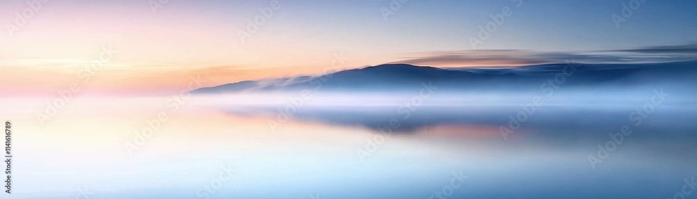 Fototapeta premium Serene landscape with soft hues reflecting on calm water, creating a peaceful and tranquil atmosphere, perfect for relaxation.