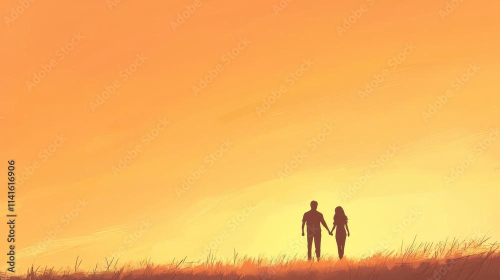 A beautiful silhouette of a couple holding hands against a warm sunset backdrop. A beautiful silhouette of a couple holding hands against a warm sunset backdrop.