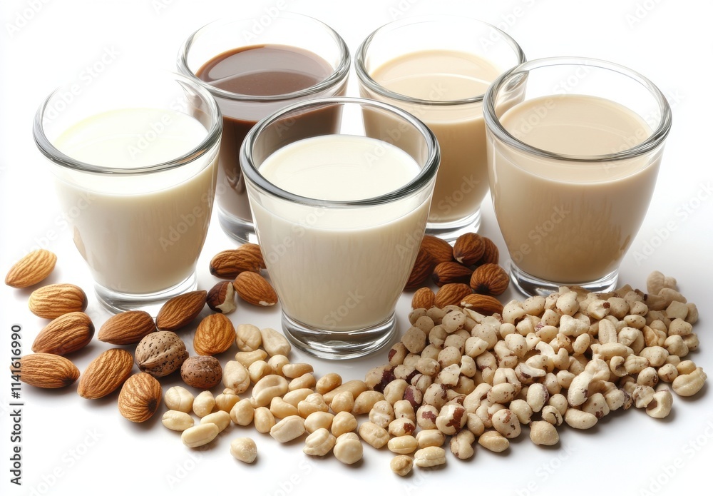 A Colorful Array of Nut and Grain-Based Milk Alternatives in Clear Glasses with Almonds, Peanuts, and Puffed Grains on White Background A Colorful Array of Nut and Grain-Based Milk Alternatives in Clear Glasses with Almonds, Peanuts, and Puffed Grains on White Background
