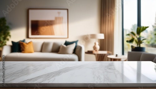 The blurred living room bathed in warm sunlight adds depth and context to the image, making it ideal for showcasing products or interior design concepts