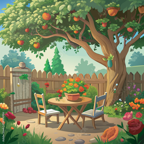 A colorful backyard scene with flowers and a shed