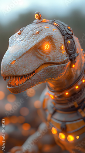 Futuristic dinosaur encounter virtual landscape digital art sci-fi environment close-up view adventure concept