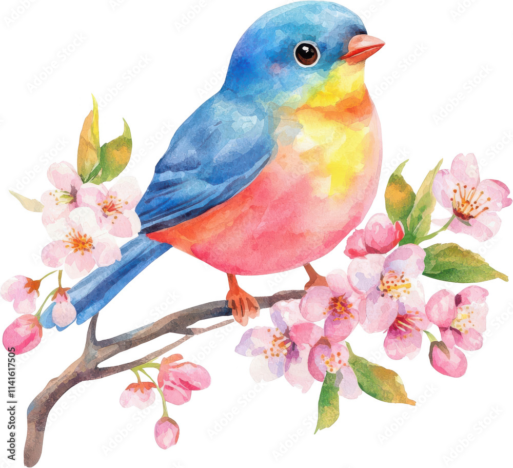 Colorful bird perched on a branch with pink flowers against a black background. Colorful bird perched on a branch with pink flowers against a black background.