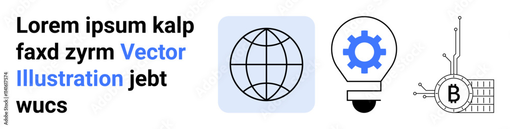 Text block, globe with blue background, lightbulb with gear, and Bitcoin circuit icon. Ideal for tech websites, blockchain, innovation, cryptocurrency, educational content, presentations Text block, globe with blue background, lightbulb with gear, and Bitcoin circuit icon. Ideal for tech websites, blockchain, innovation, cryptocurrency, educational content, presentations