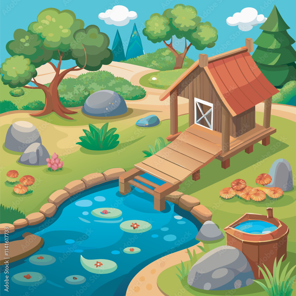 Fototapeta premium A cozy cottage by a pond in a lush green landscape.