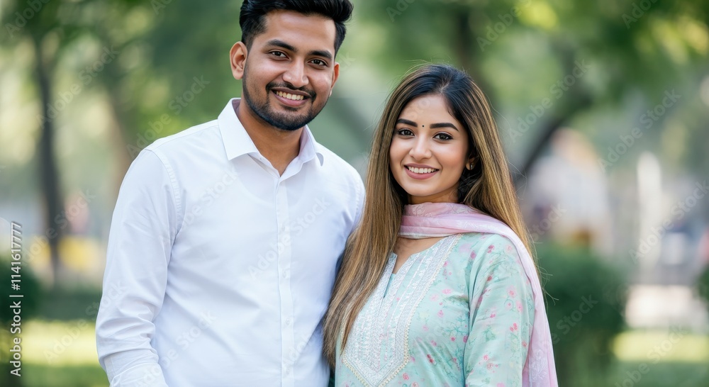 Smiling south asian couple in traditional attire enjoying a sunny day in the park Smiling south asian couple in traditional attire enjoying a sunny day in the park