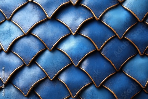 Beautiful blue textured tiles with a wave-like pattern, showcasing a rich palette of blues and golden edges, creating an elegant design. photo