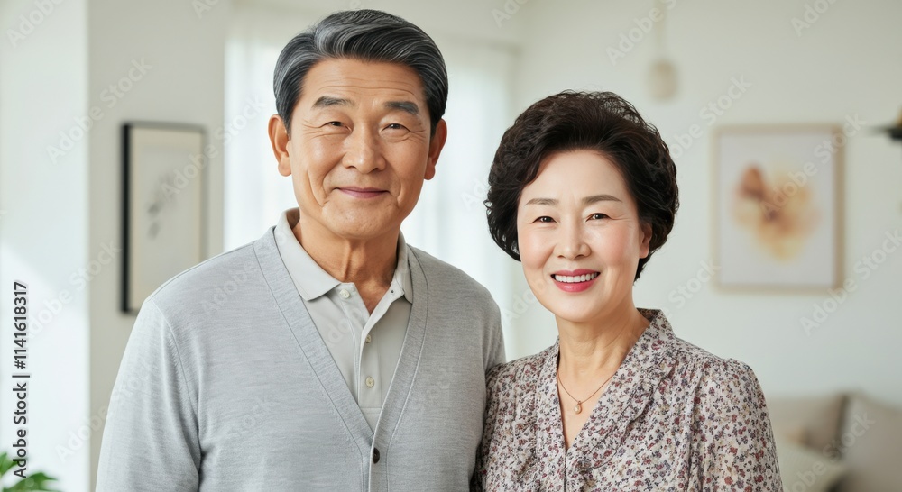 Warm senior asian couple in cozy home setting, embracing togetherness and contentment Warm senior asian couple in cozy home setting, embracing togetherness and contentment