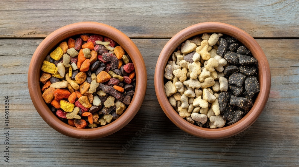 two bowls of nuts and dried fruits on a wooden table two bowls of nuts and dried fruits on a wooden table