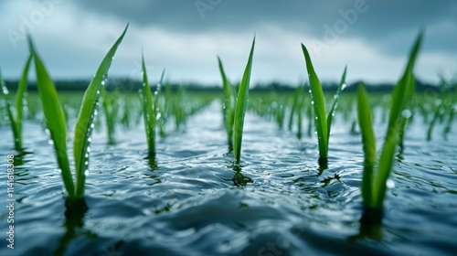 Agricultural field under floodwaters, close-up on submerged crop rows, murky water, dark sky, capturing the severity of climate change impacts photo