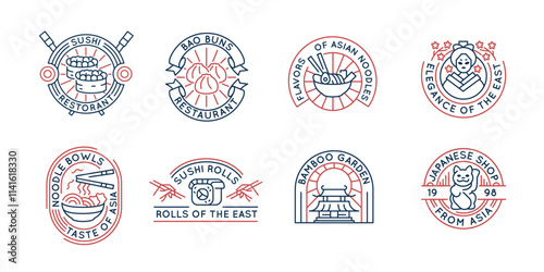 Asian Cuisine and Food logos, labels, icons. Collection of 8 Asian logotypes designed for food business. Sushi, Noodles, Japanese logos. Vector illustration.