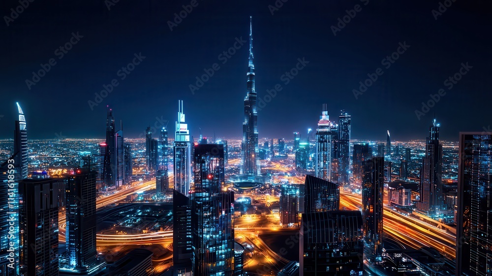 Obraz premium A futuristic cityscape illuminated at night, featuring a glowing central hub, vibrant skyscrapers