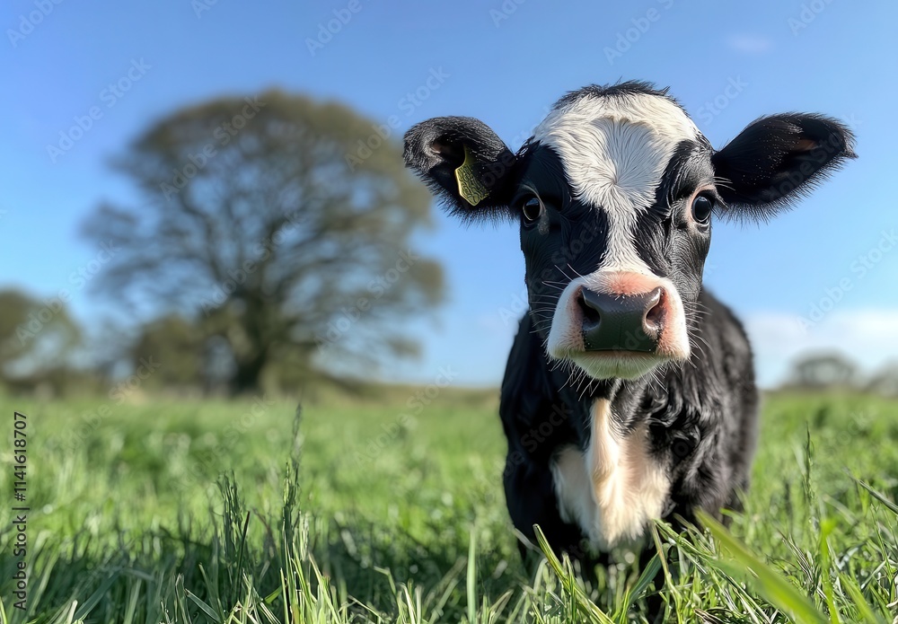 Adorable Black and White Calf Grazing in a Lush Green Meadow with Large Tree in Background under Clear Blue Sky in Daylight Adorable Black and White Calf Grazing in a Lush Green Meadow with Large Tree in Background under Clear Blue Sky in Daylight