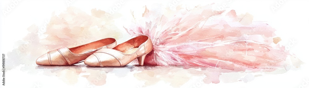 Fototapeta premium Elegant ballet shoes delicately placed beside flowing fabric, embodying grace and artistry in a soft, artistic composition.