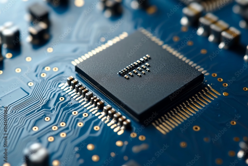 Close-up of a microchip on a circuit board. Close-up of a microchip on a circuit board.