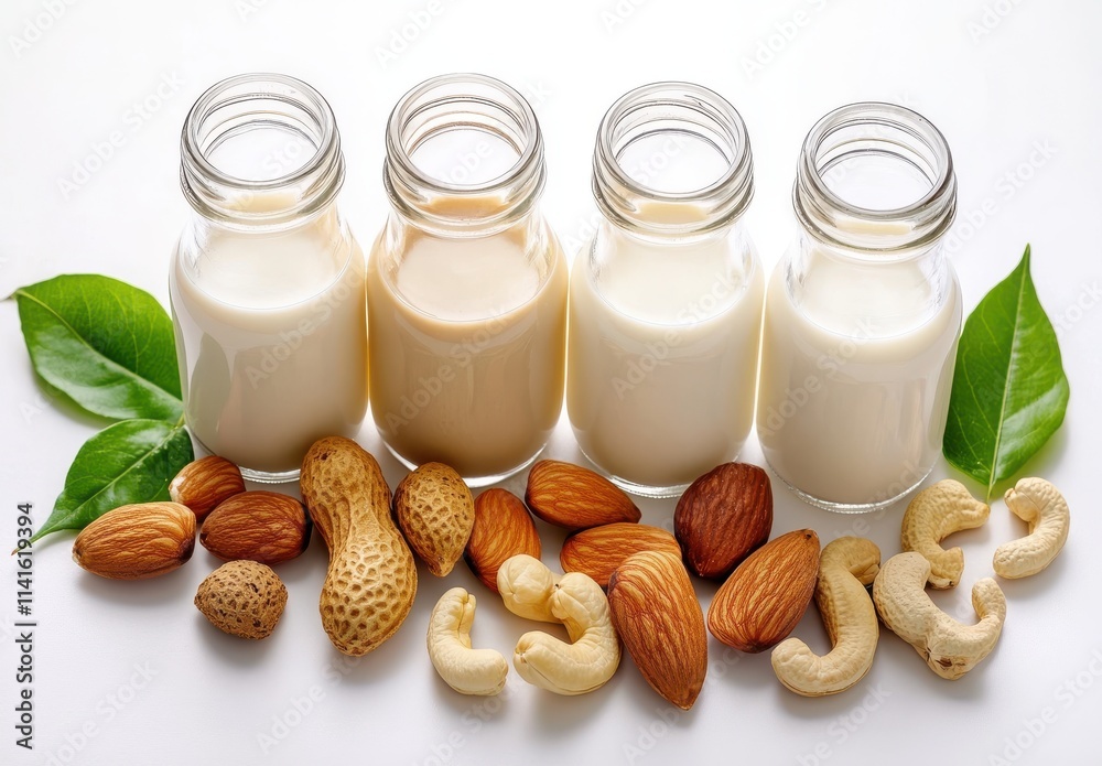 Aesthetic Arrangement of Bottles Filled with Nut Milk Surrounded by Various Nuts on a Soft White Background for Healthy Lifestyle Promotion Aesthetic Arrangement of Bottles Filled with Nut Milk Surrounded by Various Nuts on a Soft White Background for Healthy Lifestyle Promotion