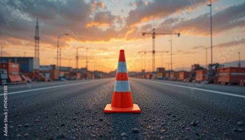 Traffic cones on a road with orange and white stripes symbolizing safety and caution on a highway under construction photo