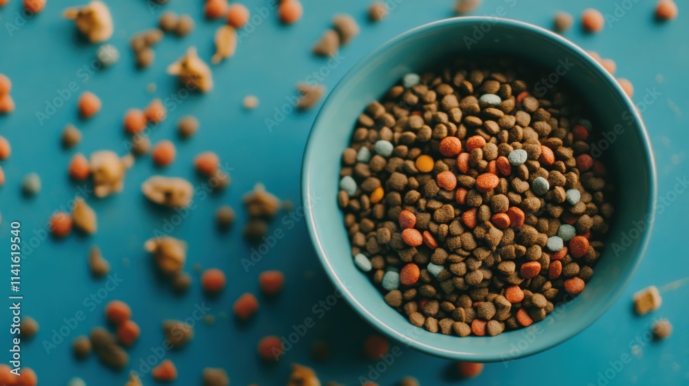 a bowl of dog food on a blue surface a bowl of dog food on a blue surface