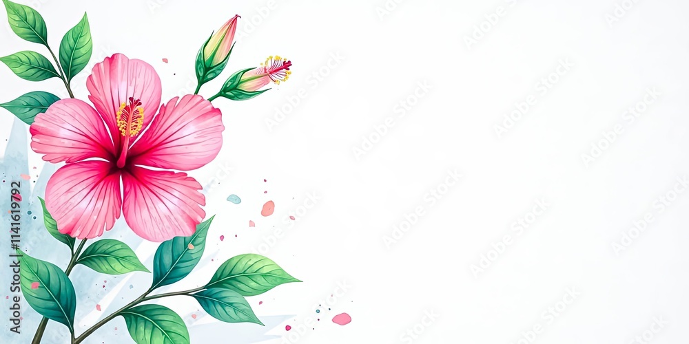 Fototapeta premium Pink Hibiscus Blossom with Green Leaves and Watercolor Splashes on White Background