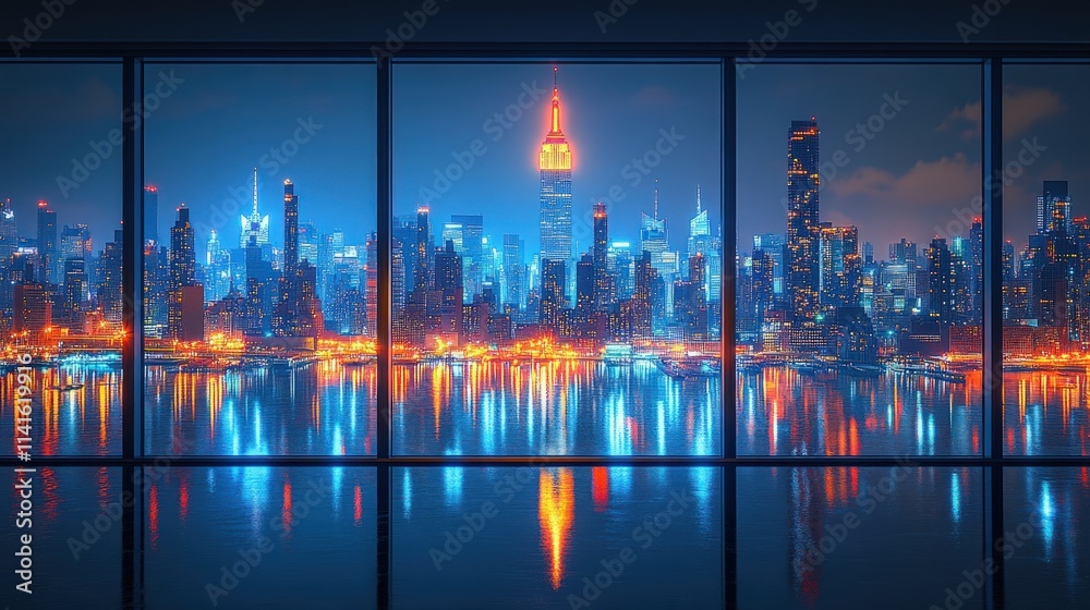 Fototapeta premium Night city skyline reflected in water, viewed through window.