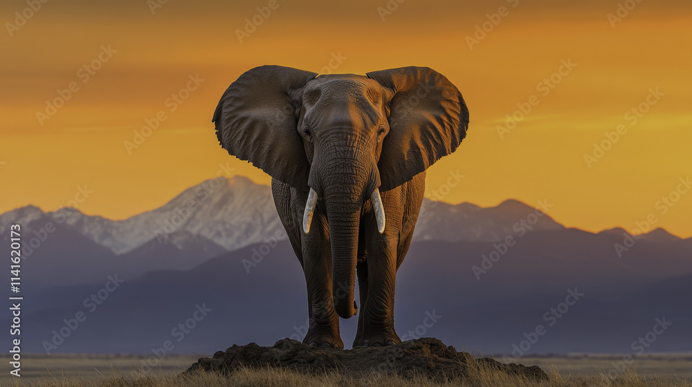 Fototapeta premium majestic elephant standing on rocky outcrop against stunning sunset backdrop, showcasing its grandeur and strength in wild