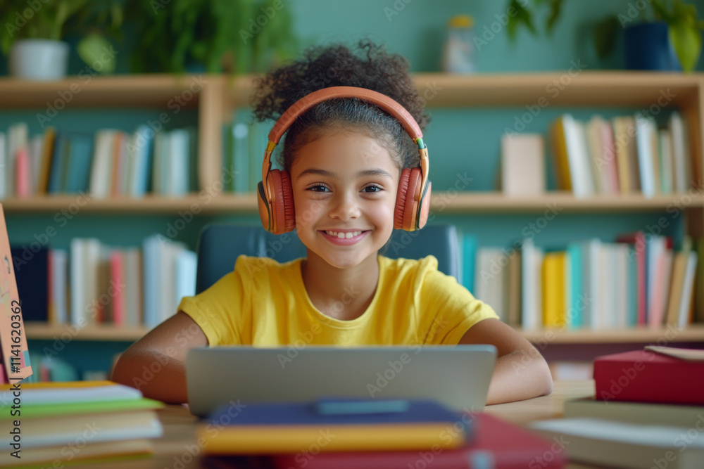 Child learning online. Young girl wearing headphones sits at desk with laptop surrounded by books, watching online video and smiling