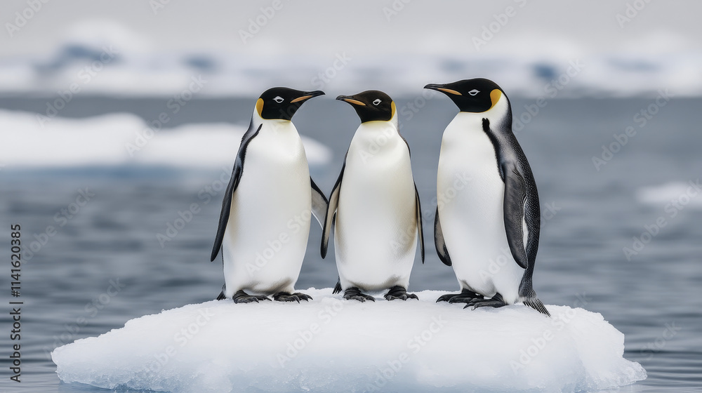 Fototapeta premium Three penguins standing together on small ice floe in serene icy landscape, showcasing their unique features and social behavior
