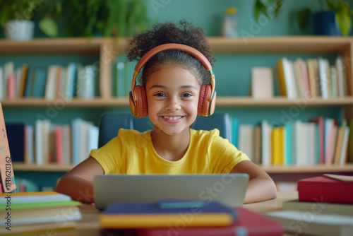 Obraz na płótnie Child learning online. Young girl wearing headphones sits at desk with laptop surrounded by books, watching online video and smiling w salonie