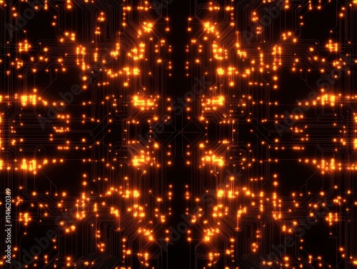 Modern tech-inspired seamless pattern featuring interconnected data streams, glowing chips, and circuits