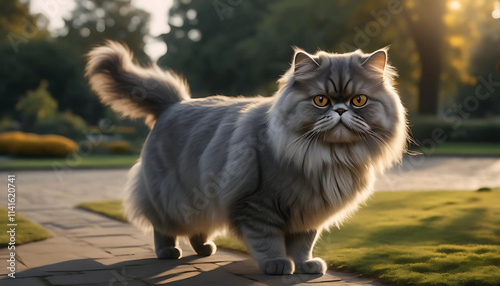 gray persian cat walks in the park