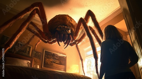 Giant spider looms in a dimly lit bedroom as a person faces their fears during a tense moment