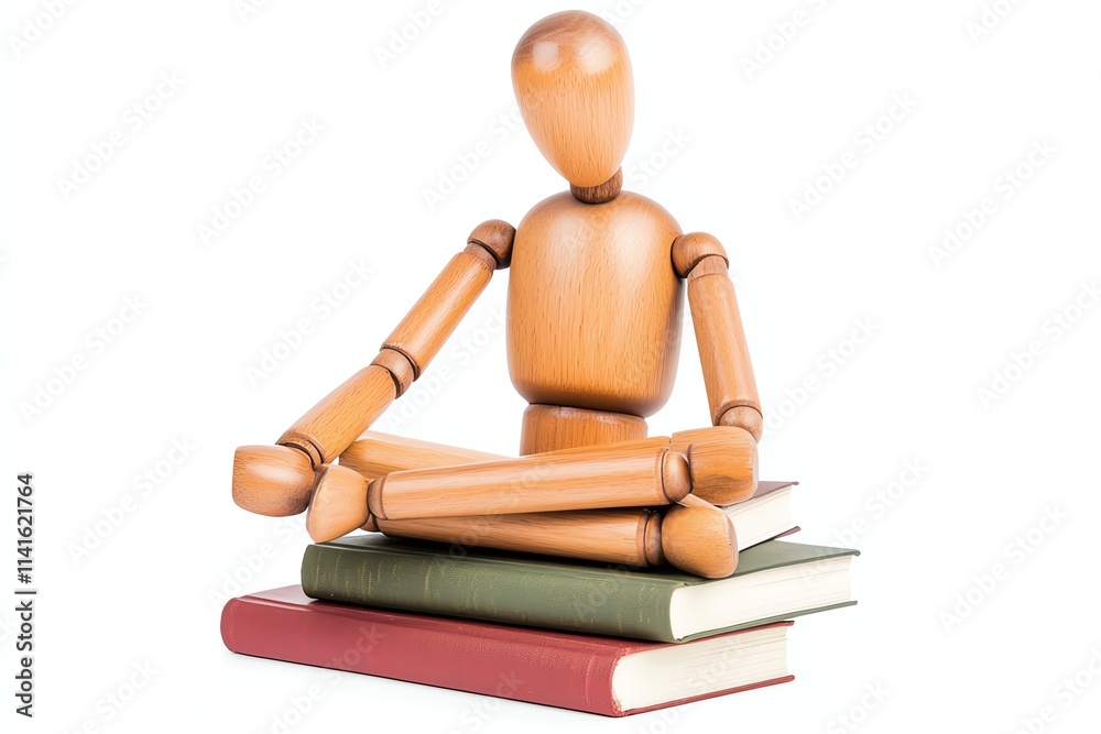 A wooden mannequin sits cross-legged on a stack of colorful books, symbolizing relaxation, learning, and mindfulness. A wooden mannequin sits cross-legged on a stack of colorful books, symbolizing relaxation, learning, and mindfulness.