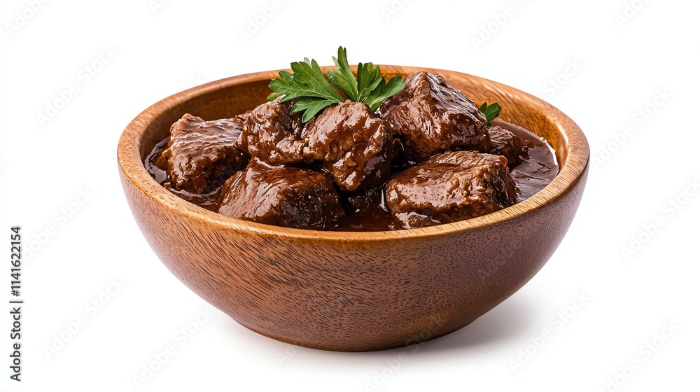 A bowl of tender beef chunks garnished with a sprig of parsley, showcasing a rich, savory sauce against a clean white background. A bowl of tender beef chunks garnished with a sprig of parsley, showcasing a rich, savory sauce against a clean white background.