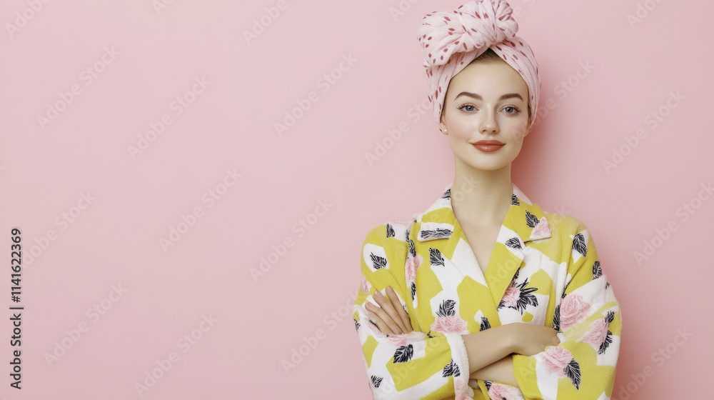 Stylish woman with head wrap posing confidently against pink background, showcasing vibrant floral robe. Her expression exudes charm and elegance Stylish woman with head wrap posing confidently against pink background, showcasing vibrant floral robe. Her expression exudes charm and elegance