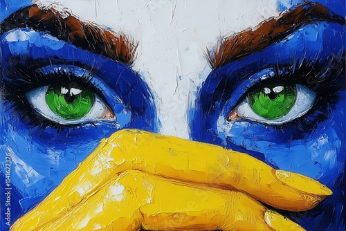 A striking close-up of a woman's face, featuring blue painted skin and vibrant green eyes, evoking a captivating and bold artistic expression.