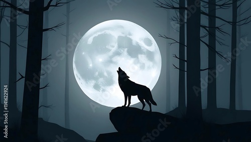 Dark Forest Background with Lone Wolf Silhouetted Against Full Moon, Howling Under Soft Silver Moonlight  
 photo