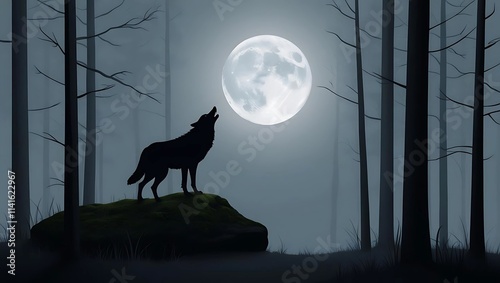 Dark Forest Background with Lone Wolf Silhouetted Against Full Moon, Howling Under Soft Silver Moonlight  
 photo