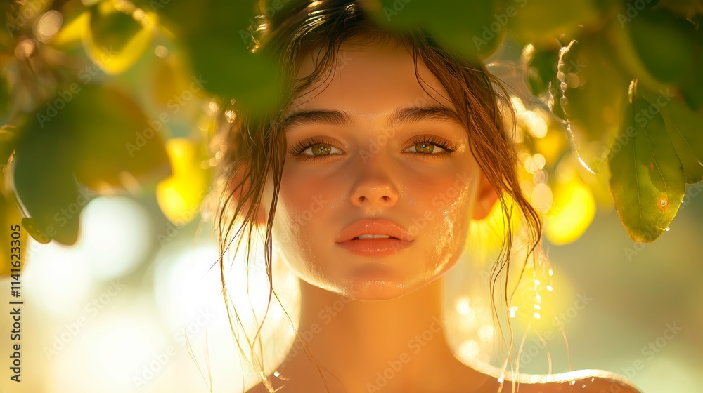 Fototapeta premium A minimalist image of a young woman with slightly damp skin, relaxing under a natural leaf canopy