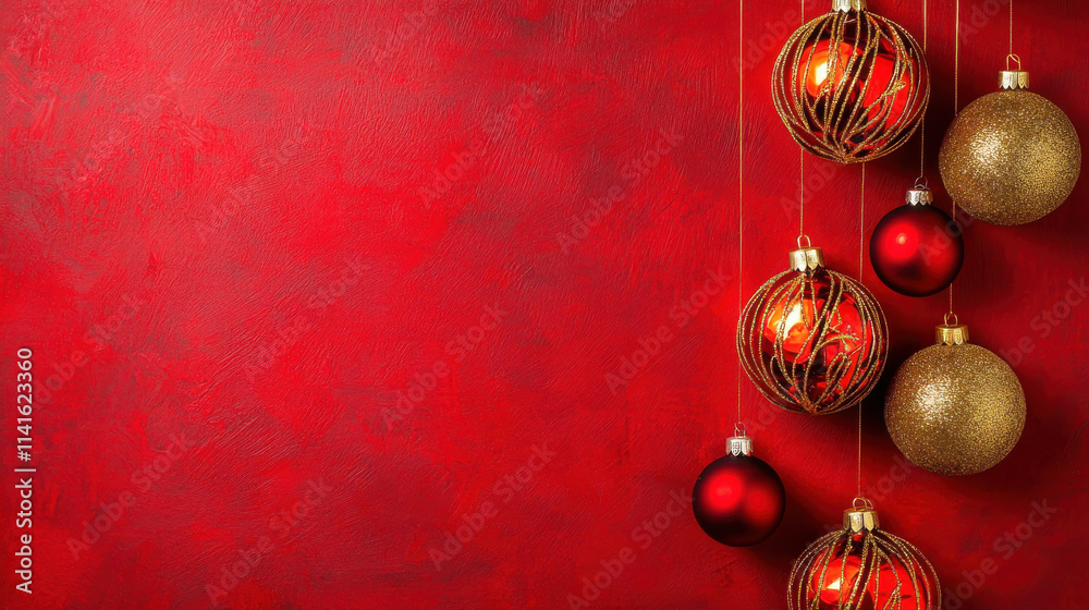 Red background with hanging gold and red Christmas ornaments Red background with hanging gold and red Christmas ornaments