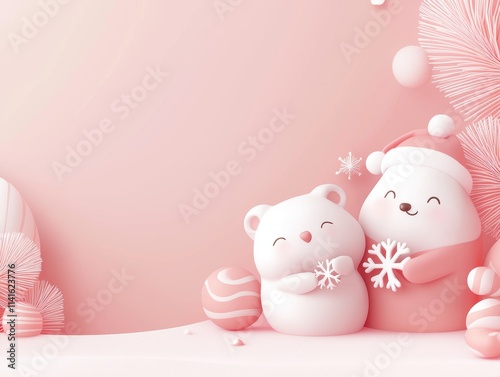 Snowy Christmas pattern of festive animals holding glowing molecule snowflakes surrounded by Santa ornaments and candies