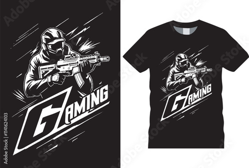 Gaming, gamer Gaming T-Shirt design template. Vector game trendy tshirt with Headphones, vintage, elements, gamepad, typography. Ready for print in T shirt.
