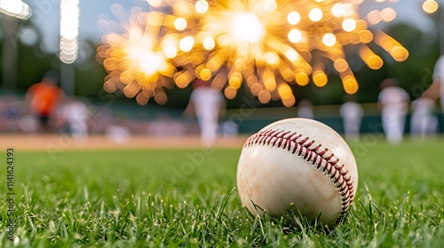 Sport victory championship concept. A baseball on the grass with a blurred background of players and fireworks illuminating the evening sky.
