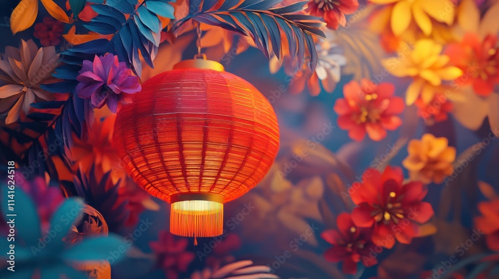 Obraz premium Red lantern amid colorful paper flowers and leaves.