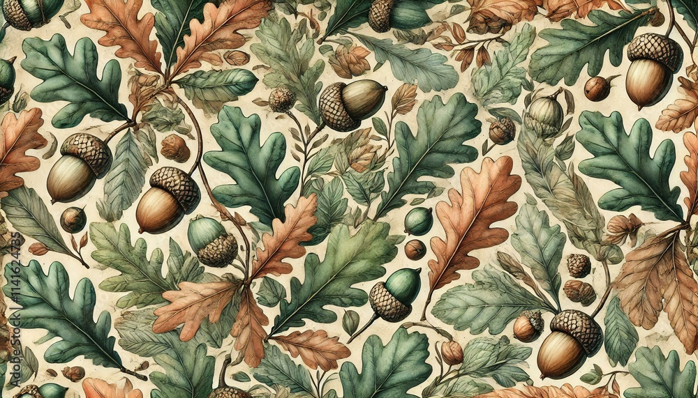 Fototapeta premium An intricate watercolor pattern of oak leaves and acorns in earthy tones, blending shades of green, brown, and gold, with detailed textures and a rustic, autumnal vibe.