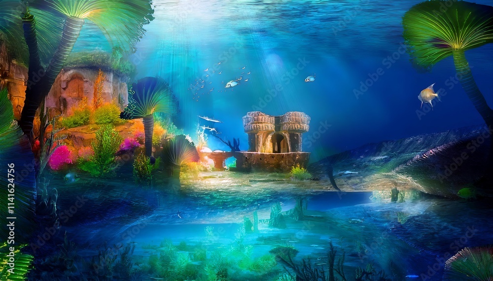 Fototapeta premium Vibrant Underwater Kingdom with Glowing Coral Reefs and Majestic Sea Creatures