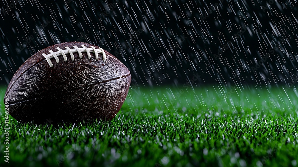 Obraz premium Sport victory championship concept. A football rests on a wet field, with rain falling in the background, creating a dramatic and atmospheric sports scene.