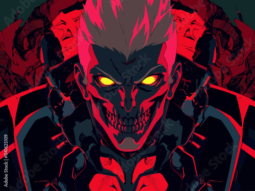 Highly detailed digital illustration of a menacing skull with exaggerated spiked features, surrounded by futuristic technical elements and geometric shapes in red