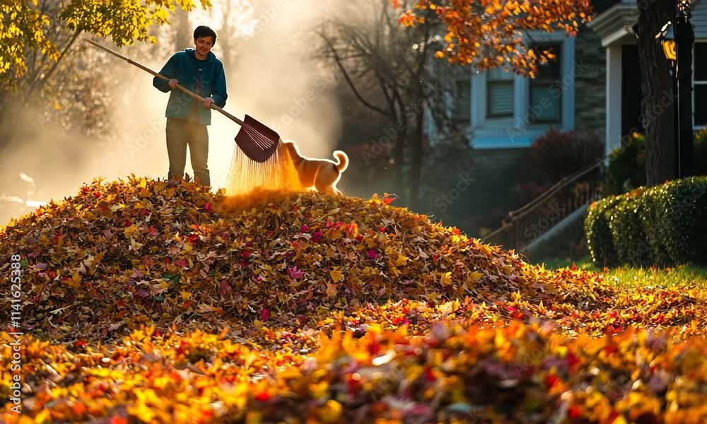Autumn Day: Man Raking Leaves with Playful Dog