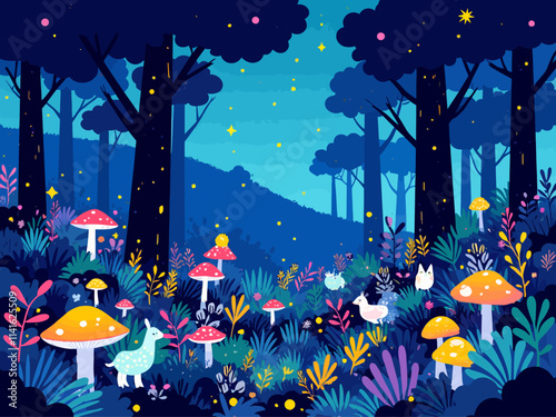  illustration enchanting forest at night with glowing plants and creatures