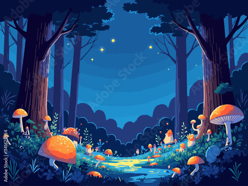  illustration enchanting forest at night with glowing plants and creatures